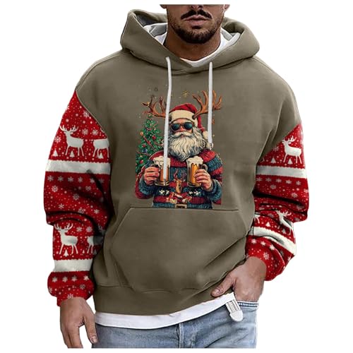 boseucn Weihnachtspullover Herren, Kapuzenpullover Herren Weihnachten Bier Rentier Muster Patchwork Hoodie Sweatshirts mit Kordelzug Taschen Männer Festlich Kapuzenpulli Oversize Weihnachts Hoody von boseucn