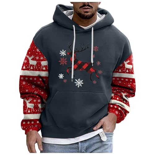boseucn Weihnachtspullover Herren, Kapuzenpullover Herren Weihnachten Bier Rentier Muster Patchwork Hoodie Sweatshirts mit Kordelzug Taschen Männer Festlich Kapuzenpulli Oversize Weihnachts Hoody von boseucn