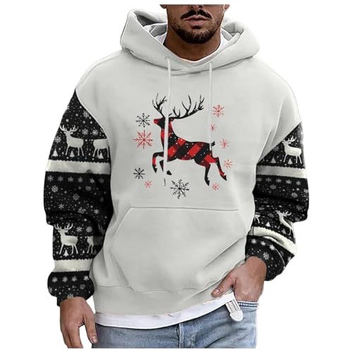 boseucn Weihnachtspullover Herren, Kapuzenpullover Herren Weihnachten Bier Rentier Muster Patchwork Hoodie Sweatshirts mit Kordelzug Taschen Männer Festlich Kapuzenpulli Oversize Weihnachts Hoody von boseucn