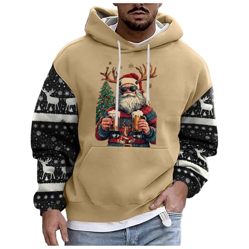 boseucn Weihnachtspullover Herren, Kapuzenpullover Herren Weihnachten Bier Rentier Muster Patchwork Hoodie Sweatshirts mit Kordelzug Taschen Männer Festlich Kapuzenpulli Oversize Weihnachts Hoody von boseucn