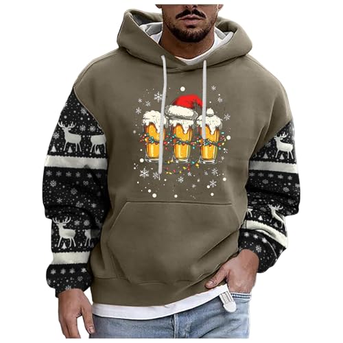 boseucn Weihnachtspullover Herren, Kapuzenpullover Herren Weihnachten Bier Rentier Muster Patchwork Hoodie Sweatshirts mit Kordelzug Taschen Männer Festlich Kapuzenpulli Oversize Weihnachts Hoody von boseucn