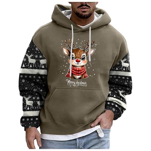 boseucn Weihnachtspullover Herren, Kapuzenpullover Herren Weihnachten Bier Rentier Muster Patchwork Hoodie Sweatshirts mit Kordelzug Taschen Männer Festlich Kapuzenpulli Oversize Weihnachts Hoody von boseucn