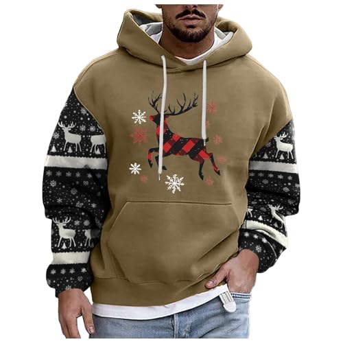 boseucn Weihnachtspullover Herren, Kapuzenpullover Herren Weihnachten Bier Rentier Muster Patchwork Hoodie Sweatshirts mit Kordelzug Taschen Männer Festlich Kapuzenpulli Oversize Weihnachts Hoody von boseucn