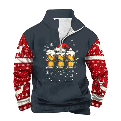 boseucn Weihnachtspullover Herren, Weihnachten Pullover Herren Weihnachts Muster Langarmshirt Lustig Tops mit Taschen Stehkragen Half Reißverschluss Pulli Bier Sweatshirts Männer Weihnachtspulli von boseucn
