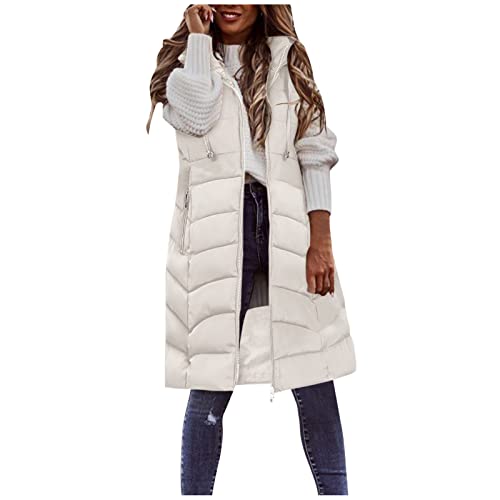 boseucn Weste Damen Lang, Steppweste Damen Lang Damenweste Mantel Ärmellos Jacke Steppjacke Winterjacke mit Reissverschluss Taschen Outdoor Übergangsjacke Winter Warm Daunenweste Damen mit Kapuze von boseucn