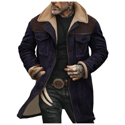 boseucn Winterjacke Herren Lang, Jacke Herren Warm Gefüttert Wintermantel Wildlederjacke Lässige Reißverschluss Kunstlederjacke Winter Jeansjacke mit Taschen Revers Parka Vintage Outdoorjacke von boseucn