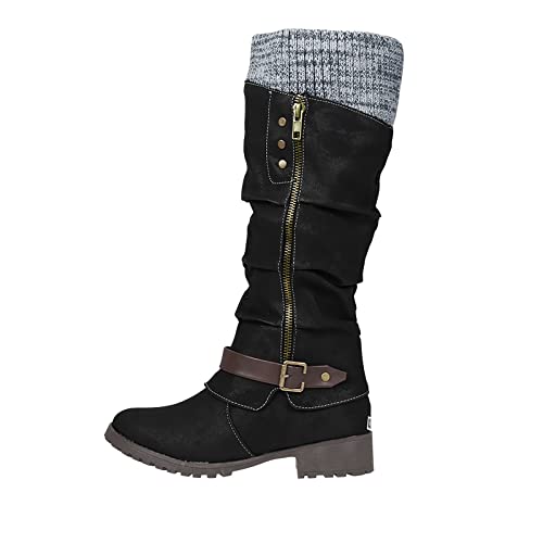 boseucn Winterstiefel Damen, Damen Stiefeletten mit Absatz Blockabsatz Niederung Stiefel Glattleder Langschaft Reißverschluss Nieten Winterstiefel mit Schnalle Casual Herbst Winter Frauen von boseucn