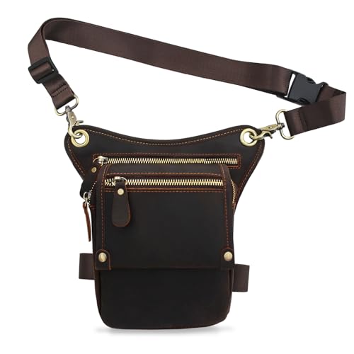 Boshiho Herren Echtes Leder Tasche - Gürteltasche Herren, Motorrad Dunkelbraun hüfttasche, Groß Leder Herren Beintasche, Außenbeintasche, Beinbeuteltasche, Reisen Hüfttasche, Wandern Klettern (Braun) von boshiho
