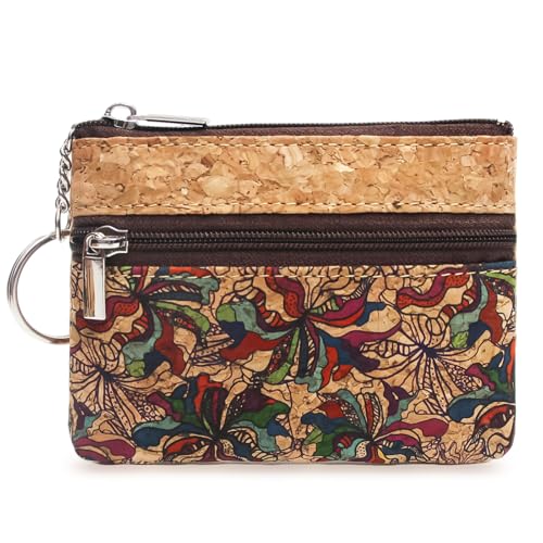 Umweltfreundliche Münzbörse aus Naturkork, boshiho Mini-Münzgeldbörse, Kreditkartenhalter, Reißverschluss, vegane Geldbörse mit Schlüsselring, Schlüsselanhänger, Mehrfarbig, 4.3 x 3.3 x 0.2 inch von boshiho