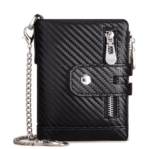 boshiho Carbon Geldbörse für Herren - Geldbeutel Leder Schwarz Boss mit Kette Kreditkartenetui mit RFID-Schutz 13 Fächer Münztasche & Slim Design Portemonnaie aus Karbonfaser von boshiho