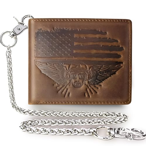 boshiho Carbon Geldbörse für Herren - Geldbeutel Leder Schwarz Boss mit Kette Kreditkartenetui mit RFID-Schutz 13 Fächer Münztasche & Slim Design Portemonnaie aus Karbonfaser (Brown-Leather Flag) von boshiho