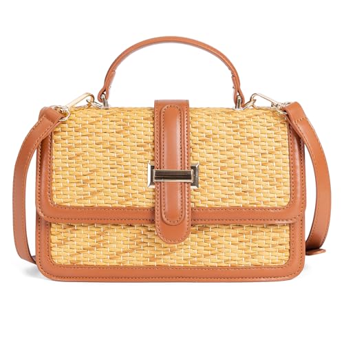 boshiho Damen-Umhängetasche aus Stroh, gewebter Bast-Stil, Strand-Geldbörse, Tragegriff oben, Handtasche für Sommerurlaub, Braun, Casual von boshiho