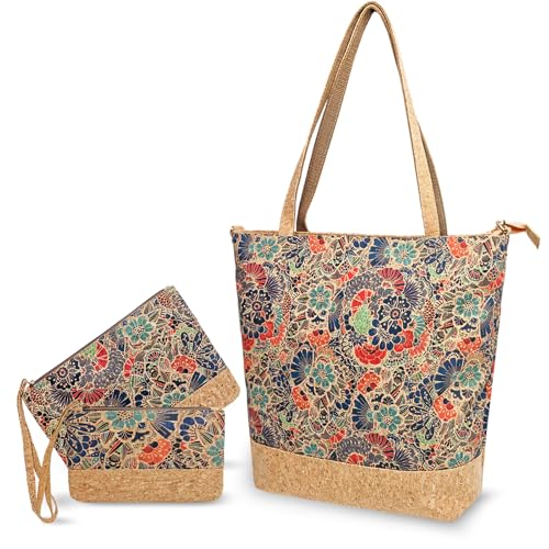 boshiho Kork Groß Schultertaschen Damen - Handtasche & Umhängetasche mit 2 Kosmetiktasche, für Schule Büro Arbeit Reisen Ausflug Einkauf Mutter Freundin als Geschenk von boshiho