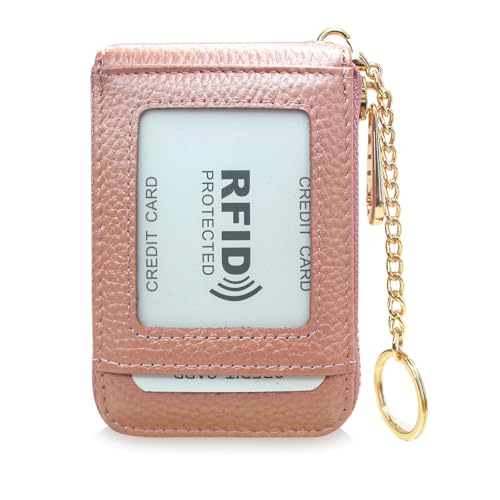 boshiho RFID-blockierender Kartenhalter, echtes Leder, Kreditkartenetui, Organizer, kompakte Brieftasche, Reißverschluss, Akkordeon-Stil, Schlüsselanhänger, Rosa, 4.5 x 3.0 x 0.6 inch von boshiho