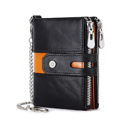 boshiho RFID-blockierende Geldbörse für Herren, Doppelreißverschluss, Münzfach, Geldbörse mit Anti-Diebstahl-Kette, Schwarz mit Orange, 4.9*3.7*0.8 inch, Geldbörse mit Kette von boshiho