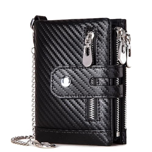 boshiho RFID-blockierende Geldbörse für Herren, Doppelreißverschluss, Münzfach, Geldbörse mit Anti-Diebstahl-Kette, schwarz (karbonfaser-design) von boshiho