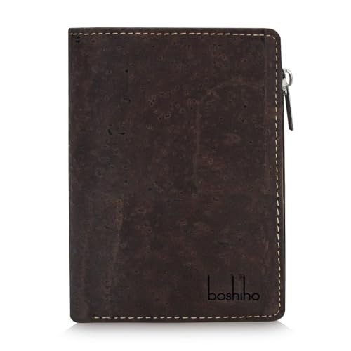 Umweltfreundliche RFID-blockierende Geldbörse, zweifach gefaltet, vertikal, mit Münzfach mit Reißverschluss und Ausweisfenster, Braun, Vegane Geldbörse von boshiho