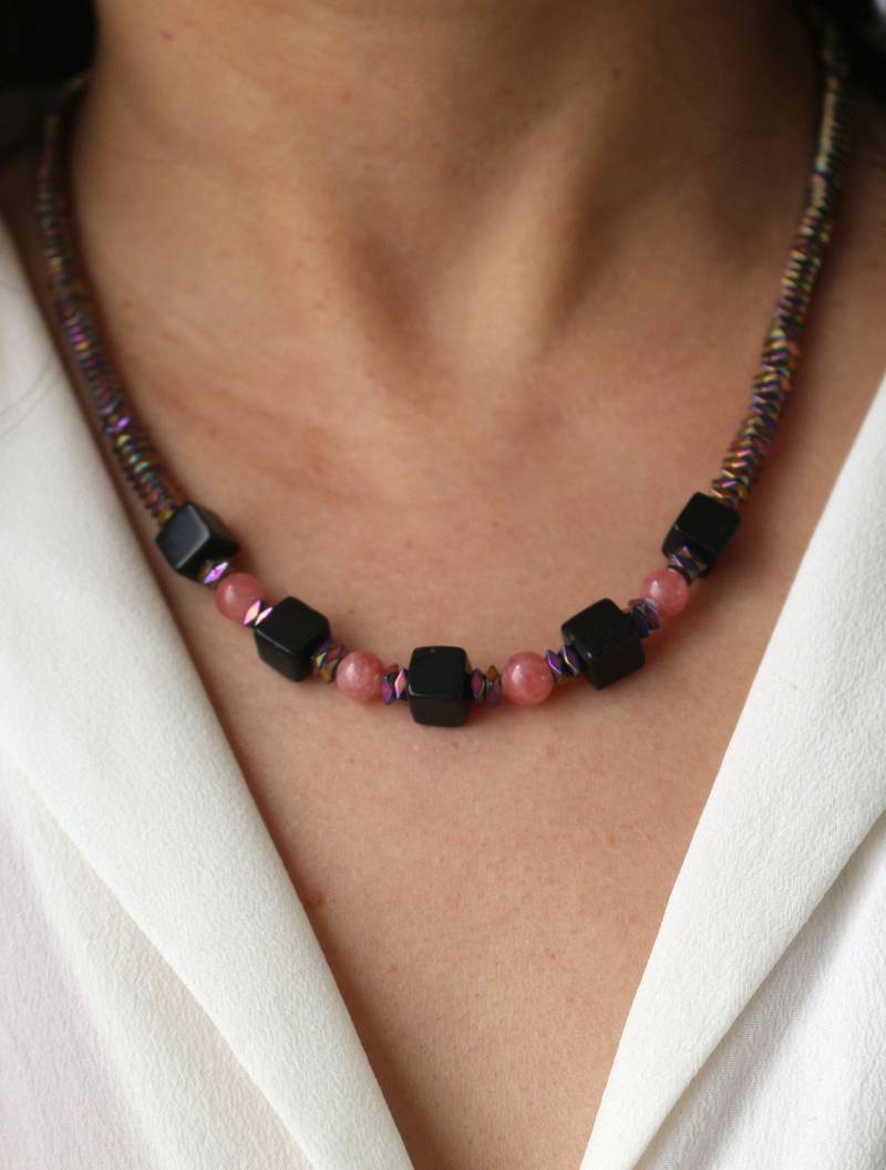 Edelsteinperlen Halskette, Unikate Halskette Aus Hämatit Rhodochrosit Und Onyx, Handgemachte Einzigartig Kette, #52 von boshilian