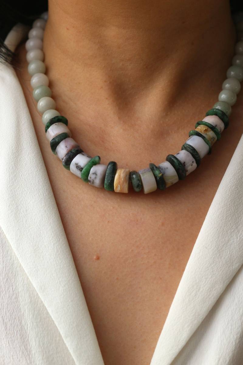Edelsteinperlen Halskette, Unikate Halskette Aus Jade, Epidot Und Rosa Opal, Handgemachte Einzigartig Kette, #68 von boshilian