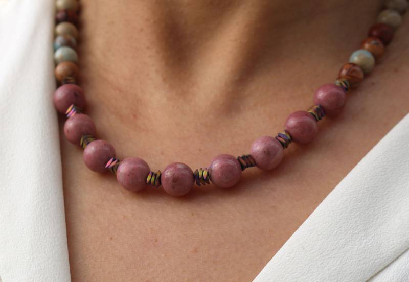 Edelsteinperlen Halskette, Unikate Halskette Aus Jaspis Und Rhodonit, Handgemachte Einzigartig Kette, #69 von boshilian