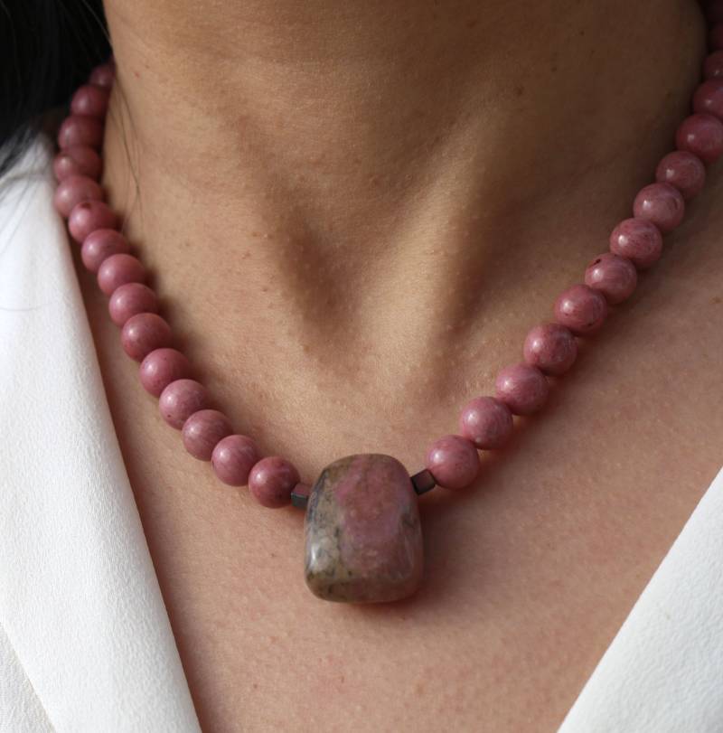 Edelsteinperlen Halskette, Unikate Halskette Aus Rhodonit, Handgemachte Einzigartig Kette, #54 von boshilian