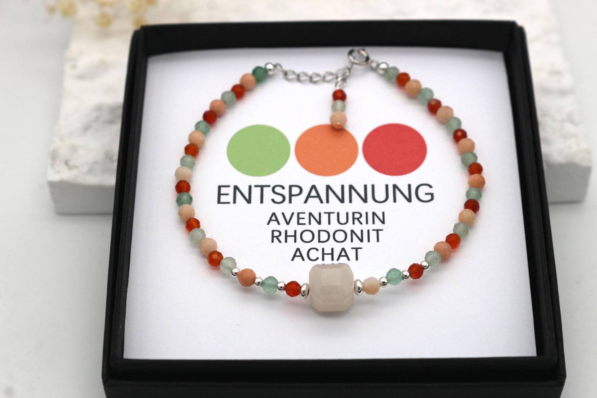 Entspannung Glücksarmband, Edelstein Armband, Schutzarmband, Aventurin Rhodonit Achat, Facettiert 3mm Edelstein, 925 Silber Verschluss von boshilian
