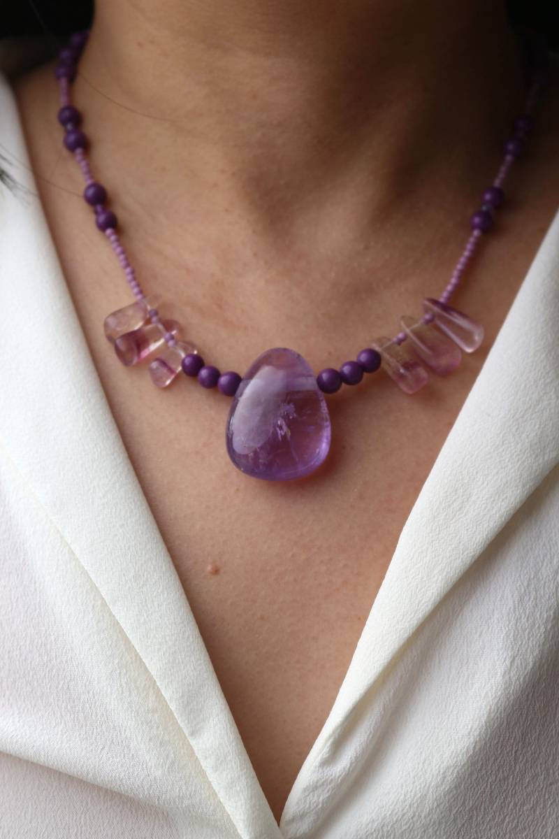 Halskette Aus Amethyst Und Phosphosiderit, Edelstein Halskette, Kette, Magnetverschluss, #76 von boshilian