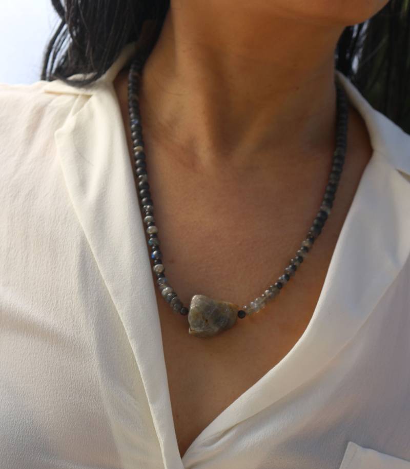 Halskette Aus Hämatit Und Labradorit, Edelsteinkette, Lange Edelsteinhalskette, Edelstein Schmuck, #27 von boshilian