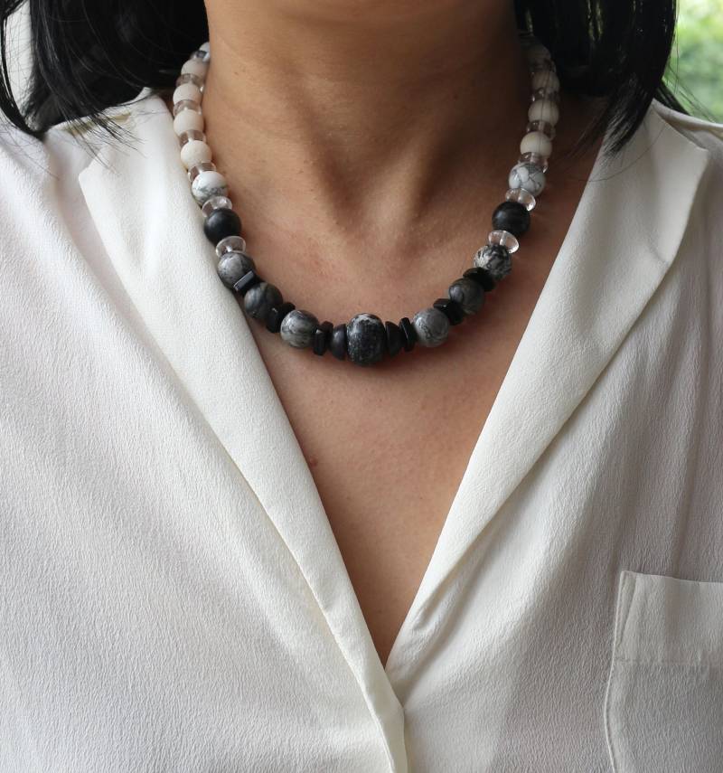 Halskette Aus Onyx/Andenopal/Bergkristall/Lava, Edelsteinkette, Edelsteinhalskette, Edelstein Schmuck, #31 von boshilian