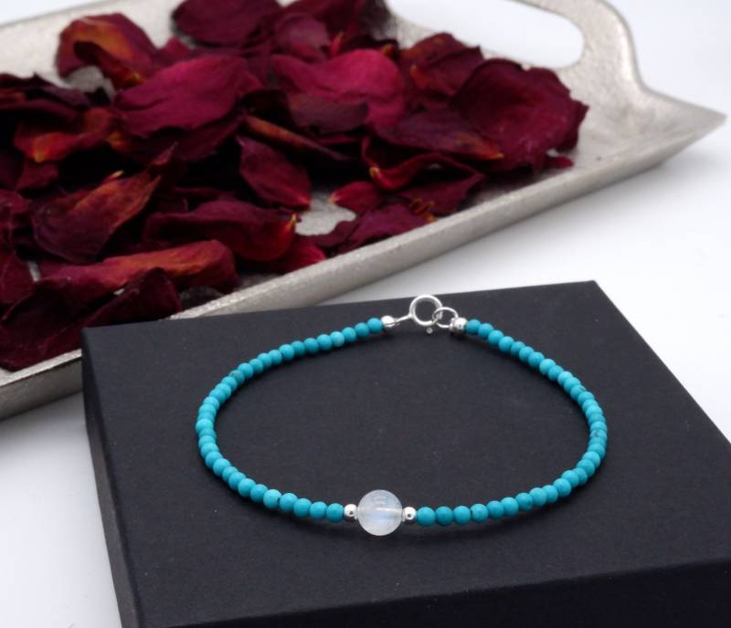 Perlen Armband, Armband Mit Echtem Mondstein, Edelstein Glatt Türkis 2mm, Mondstein von boshilian