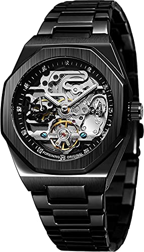 Tiong Automatik Uhr Herren Mechanische Skelett Glasboden Römische Zahlen Diamant Zifferblatt Wasserdicht Schwarz Männer Armbanduhr mit Edelstahl Uhren von Tiong