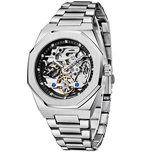 Tiong Automatik Uhr Herren Mechanische Skelett Glasboden Römische Zahlen Diamant Zifferblatt Wasserdicht Schwarz Männer Armbanduhr mit Edelstahl Uhren… von Tiong