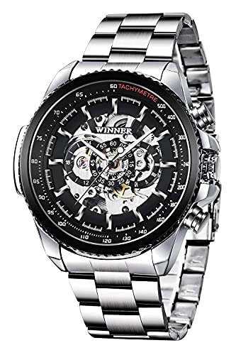 Tiong Business Herrenuhr Automatik Herren Mechanisch Automatikuhr Silber Schwarz Edelstahl Wasserdicht Uhr Herren Designer Analog Cool Leuchtend Steampunk -(Silver Black) von Tiong