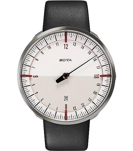 botta 24-Stunden-Einzeigeruhr Herren Schweizer Quarzwerk mit Lederarmband UNO 24 (45 mm) (45 mm, Weiß/Bordeaux) von botta