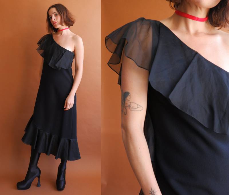 Vintage 80Er Jahre One Shoulder Rüschenkleid/ Adele Simpson Wolle Chiffon Partykleid/ Größe Medium von bottleofbread