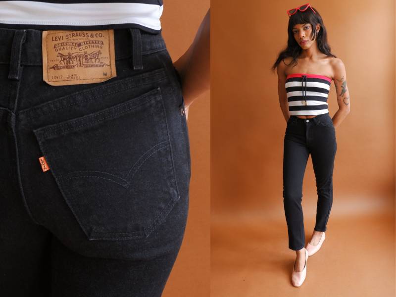 Vintage 80Er Jahre Schwarze Levis Jeans/1980Er Orange Tab High Waisted Tapered Leg 5 912 Made in Usa Größe 26 von bottleofbread