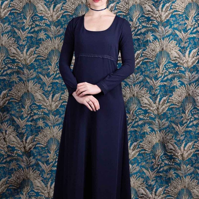 Langes Nachtblaues Kleid Von Ann Elliot, Im Empire-Schnitt, Marineblaues Jane Austen, Regency-stil von boutiquemaureenvinot