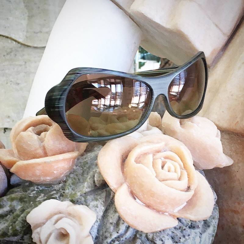 Vintage 1980Er Jahre Kata Matte Grün Gestreift Mit Holz-Inlay-Akzenten Dual-Gradient-Sonnenbrille von box5