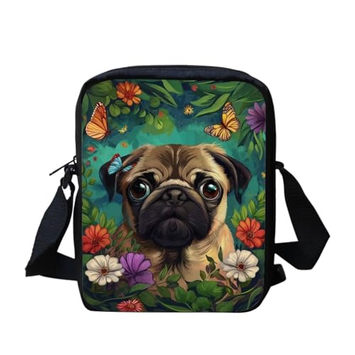 Kleine Kuriertasche mit amerikanischer Flagge, für Damen und Mädchen, Schultertasche, Schultertasche, Niedliches Mops-Blumenmuster, Einheitsgröße von bqabhu