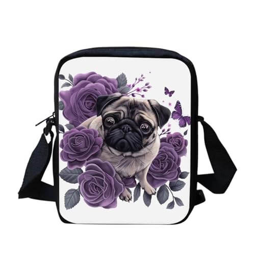 Kleine Kuriertasche mit niedlichem Mops-Blumenmuster, Schultertasche, Umhängetasche, Umhängetasche, für Schule, Reisen, Wandern, Niedliches Mops-Blumenmuster, Einheitsgröße von bqabhu
