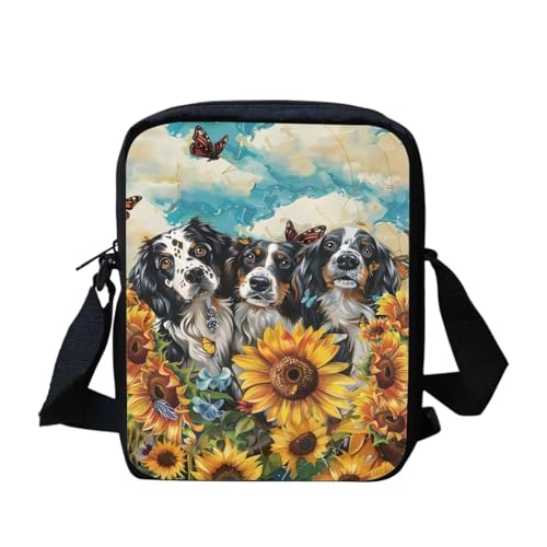 Kleine Kuriertasche mit niedlichem Mops-Blumenmuster, Schultertasche, Umhängetasche, Umhängetasche, für Schule, Reisen, Wandern, Sonnenblume Hund Schmetterling, Einheitsgröße von bqabhu
