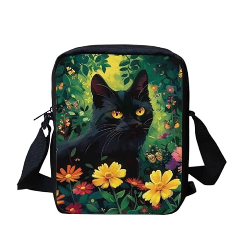 Kuriertasche mit Regenbogen-Flagge, für Damen und Herren, Umhängetasche, Rucksack, Tagesrucksack, Schwarze Katze mit Blumenmuster, Einheitsgröße von bqabhu