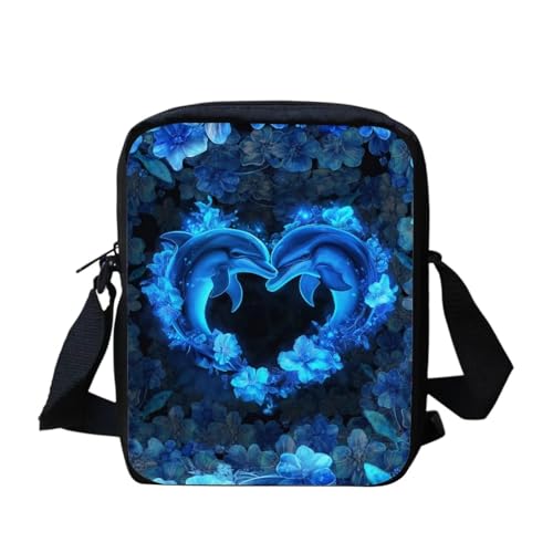 Mini-Umhängetasche, Motiv: schwarze Katze, Blumenmuster, klein, verstellbar, Schultertasche, Kuriertasche, lässige Handy-Geldbörse, Blau / Delfin, Einheitsgröße von bqabhu