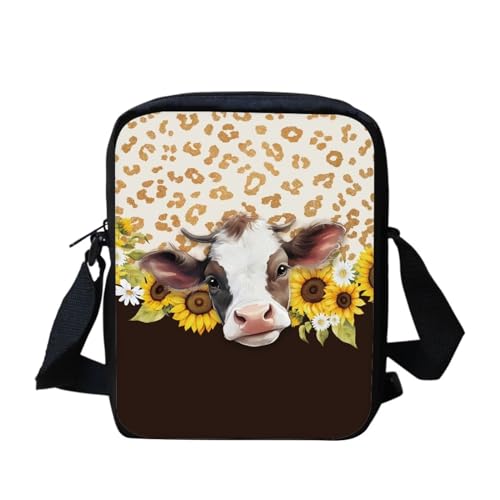 Mini-Umhängetasche, Motiv: schwarze Katze, Blumenmuster, klein, verstellbar, Schultertasche, Kuriertasche, lässige Handy-Geldbörse, Sonnenblumen-Kuh-Aufdruck, Einheitsgröße von bqabhu