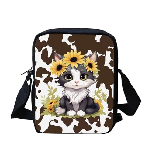 Mini-Umhängetasche, Motiv: schwarze Katze, Blumenmuster, klein, verstellbar, Schultertasche, Kuriertasche, lässige Handy-Geldbörse, Sonnenblumenkatze Braun Kuh, Einheitsgröße von bqabhu