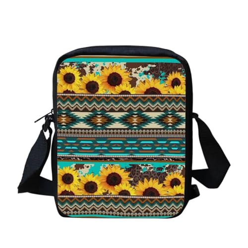 Mini-Umhängetasche, Motiv: schwarze Katze, Blumenmuster, klein, verstellbar, Schultertasche, Kuriertasche, lässige Handy-Geldbörse, Southwest Indianer Azteken-Sonnenblume, Einheitsgröße von bqabhu
