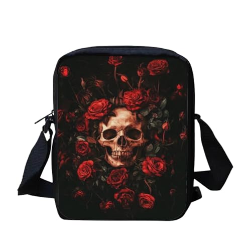 Mini-Umhängetasche, Motiv: schwarze Katze, Blumenmuster, klein, verstellbar, Schultertasche, Kuriertasche, lässige Handy-Geldbörse, Totenkopf Rose, Einheitsgröße von bqabhu