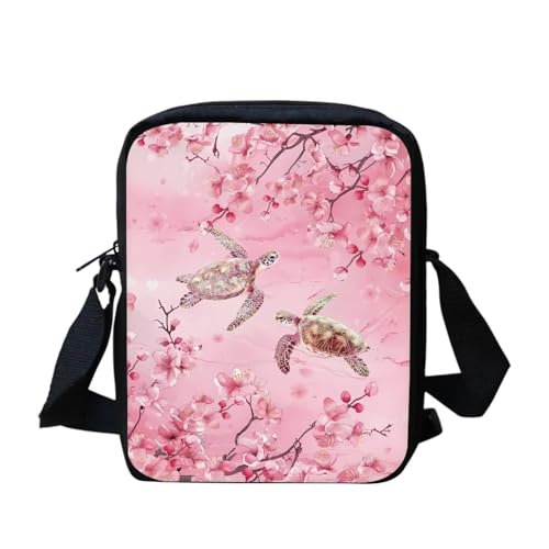 Mini-Umhängetasche mit Yorkshire Terrier-Blumenmuster, kleine Kuriertasche für Männer und Frauen, lässige Schultertasche, Cherry Blossom Sea Turtle, Einheitsgröße von bqabhu