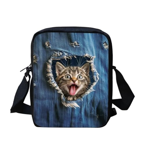 Mini-Umhängetasche mit Yorkshire Terrier-Blumenmuster, kleine Kuriertasche für Männer und Frauen, lässige Schultertasche, Niedliche Denim-Katze, Einheitsgröße von bqabhu