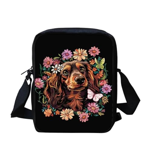 Mini-Umhängetasche mit Yorkshire Terrier-Blumenmuster, kleine Kuriertasche für Männer und Frauen, lässige Schultertasche, Niedliches Dackel-Blumenmuster, Einheitsgröße von bqabhu
